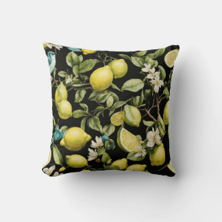Lemon Lime Noir: Citrus Pattern on Dark Black Back Cushion