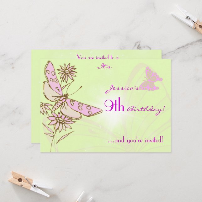 Lemon Lime Pink Butterfly Birthday Invitation Card (Front/Back In Situ)