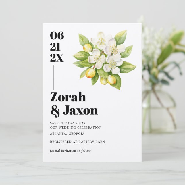 Lemon & Magnolia Floral Yellow Citrus Wedding Save Save The Date (Standing Front)
