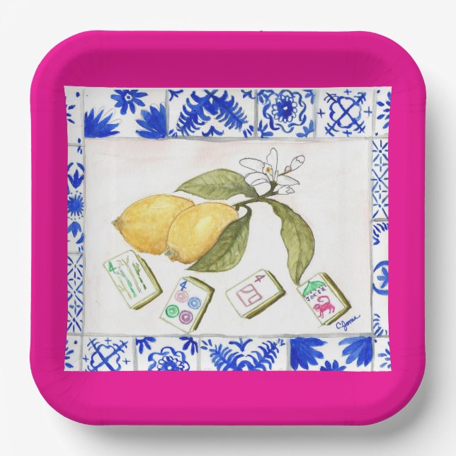 lemon mahjong fuchsia paper plate (Front)