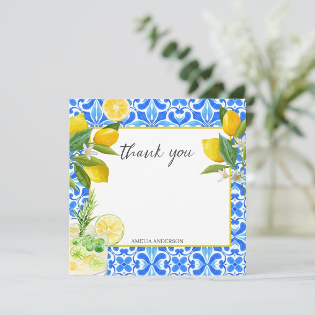 Lemon main squeeze blue tiles Bridal Shower  Thank You Card (Standing Front)