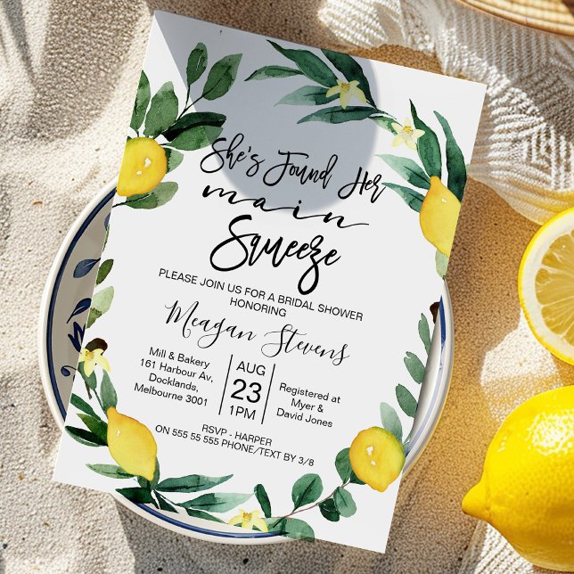 Lemon Main Squeeze Bridal Shower Invitation (Modern She Found Her Main Squeeze Bridal Shower Invitation, Lemon Wreath, Lemon Themed Bridal Invite)