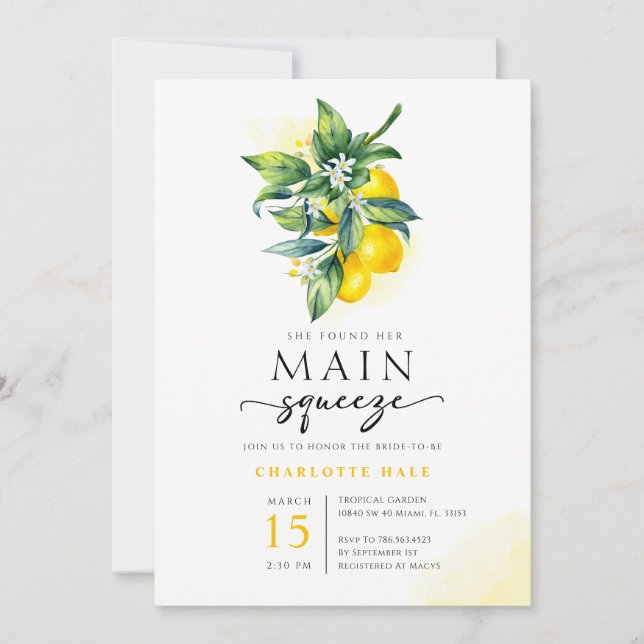 Lemon Main Squeeze Bridal Shower Invitation (Front)