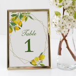 Lemon Main Squeeze Table Number Card<br><div class="desc">This two-sided table number card features a watercolor lemon motif accented by a geometric frame and vibrant green lettering. A wonderful design for your lemon themed event.  Made from sturdy cardstock,  so it may be used on a stand or in a frame.</div>