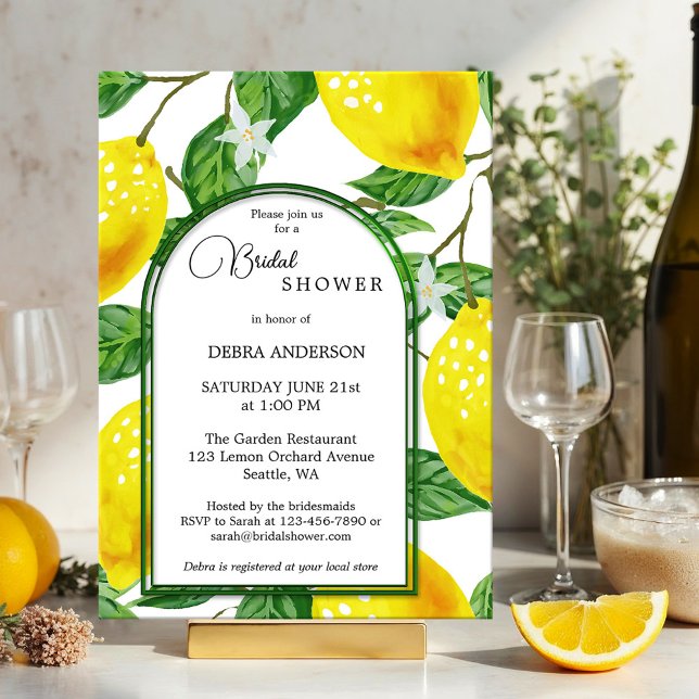 Lemon Main Squeeze Watercolor Bridal Shower Invitation (Mediterranean bridal shower invite showing watercolor lemon citrus fruits with fresh green leaves)