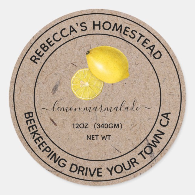  Lemon  Marmalade Kraft Paper Canning Jar Labels  (Front)