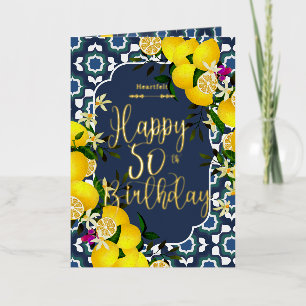 Lemon Mediterranean 50th Birthday Navy Foil Greeting Card