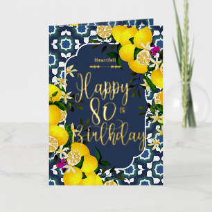 Lemon Mediterranean 80th Birthday Navy Foil Greeting Card