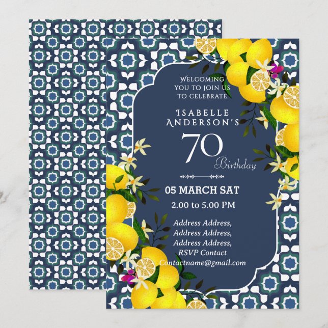 Lemon Mediterranean Blue 70th invitation (Front/Back)