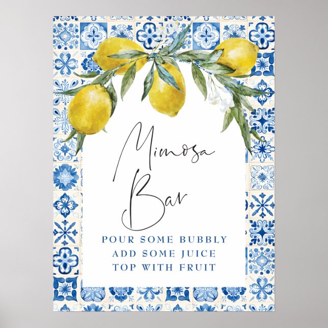 Lemon Mediterranean Blue Tile Mimosa Bar Poster (Front)