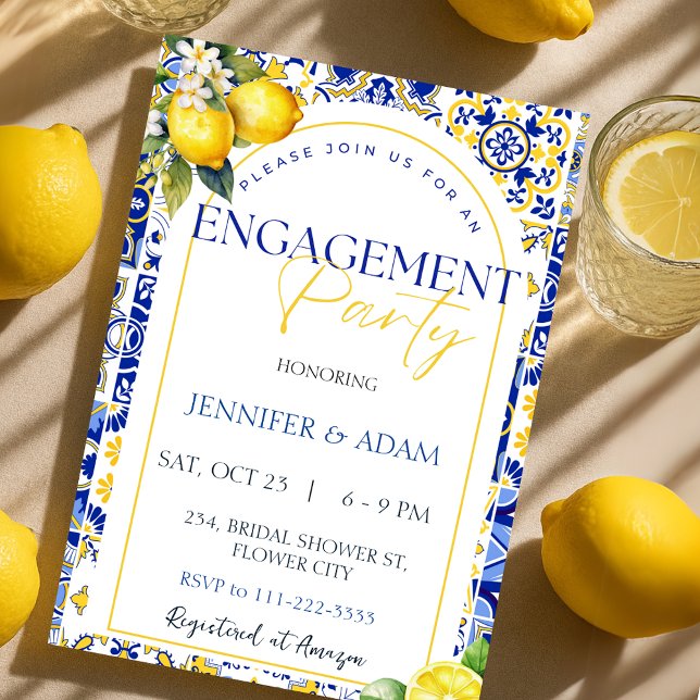 Lemon Mediterranean Blue Tiles Engagement Party Invitation (Lemon Mediterranean Blue Tiles Engagement Party Invitation)