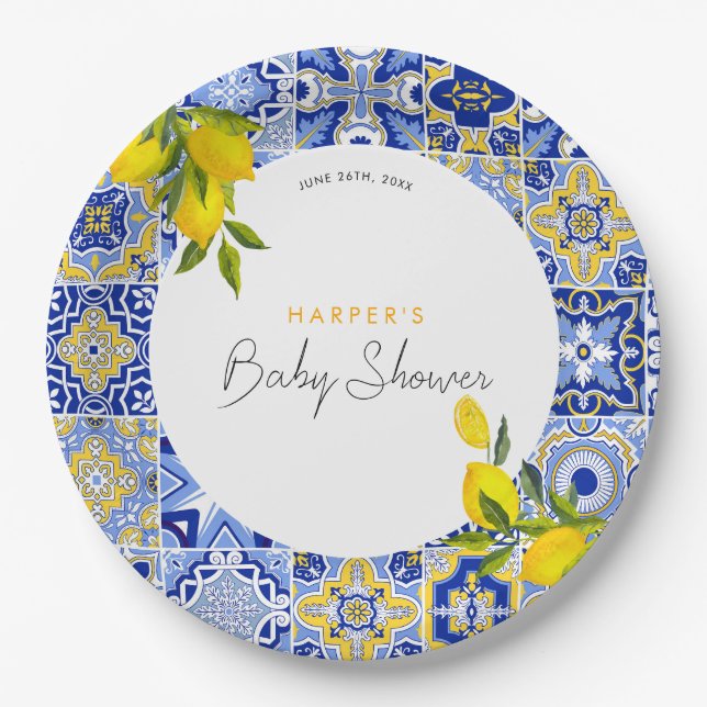 Lemon Mediterranean Boho Arch Baby Shower Paper Plate (Front)