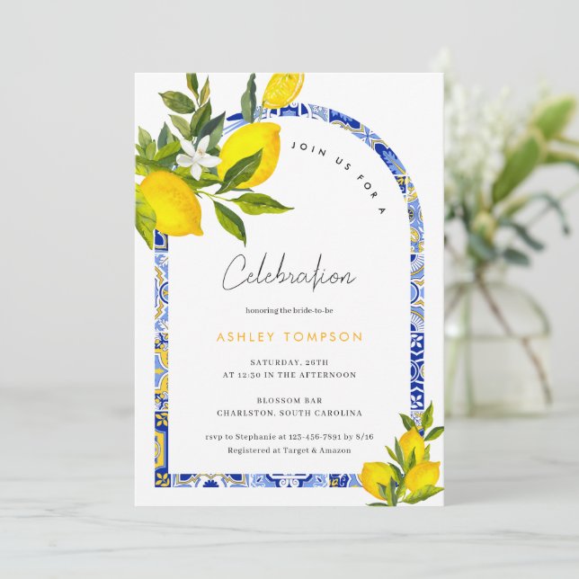 Lemon Mediterranean Boho Arch Celebration Invitation (Standing Front)