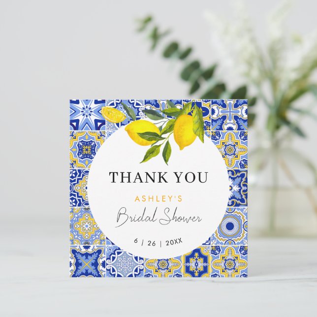 Lemon Mediterranean Bridal Shower Thank You Card (Standing Front)