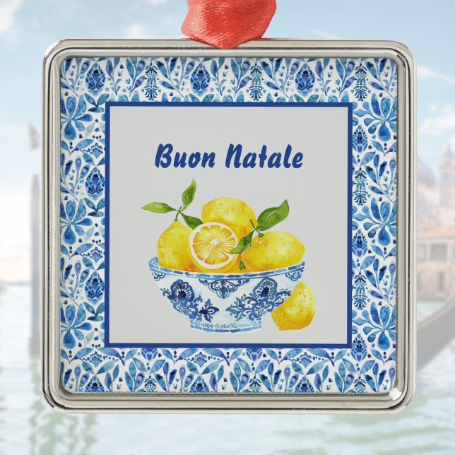 Lemon Mediterranean Buon Natale Azulejo Blue Toile Metal Ornament (Creator Uploaded)