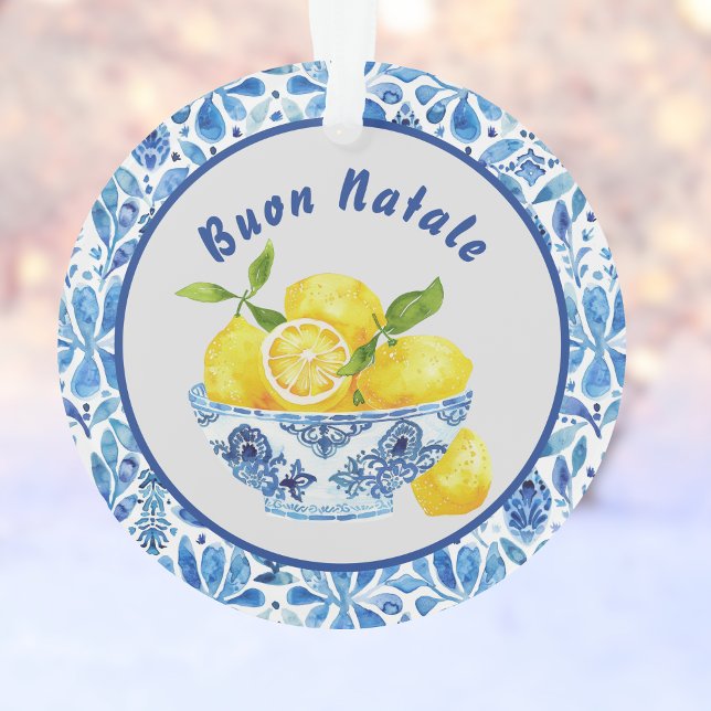 Lemon Mediterranean Buon Natale Azulejo Blue Toile Ornament (Creator Uploaded)