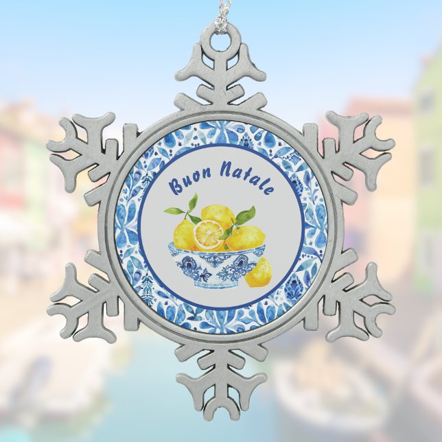 Lemon Mediterranean Buon Natale Azulejo Blue Toile Snowflake Pewter Christmas Ornament (Creator Uploaded)