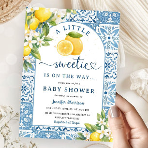 Lemon Mediterranean Citrus Baby Shower Blue Tiles Invitation
