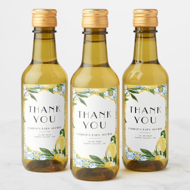 Lemon Mediterranean Frame Baby Shower Thank You Wine Label (Bottles)