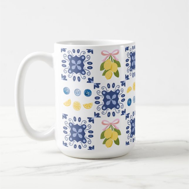 Lemon Mediterranean French Country Tile Pattern Coffee Mug (Left)