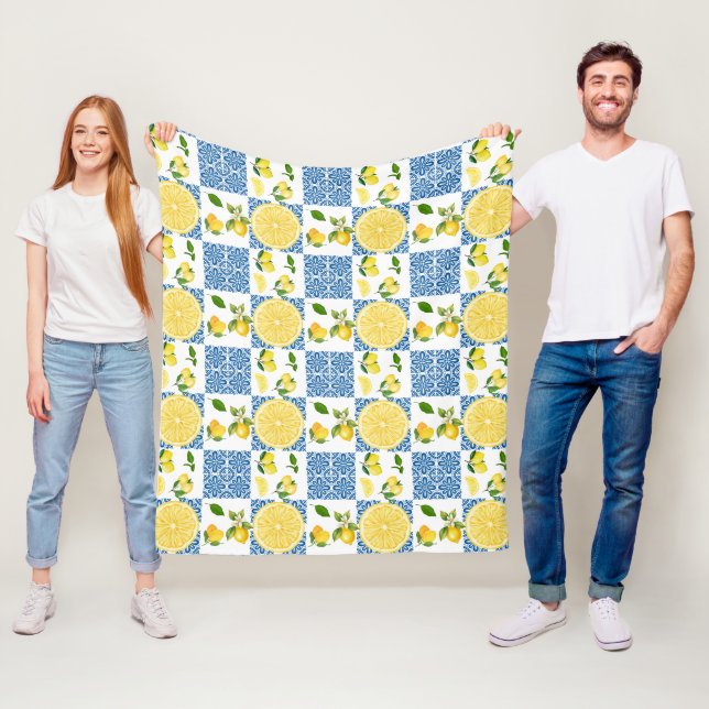 Lemon Mediterranean French Country Tile Pattern Fleece Blanket (In Situ)