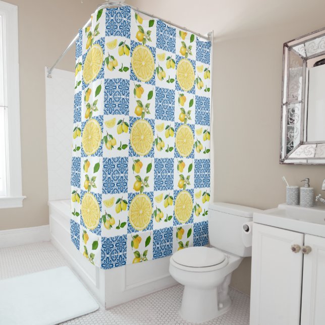 Lemon Mediterranean French Country Tile Pattern Shower Curtain (In Situ)