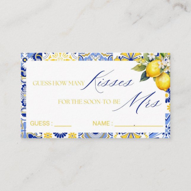 Lemon Mediterranean How Many Kisses Bridal Game Enclosure Card (Front)