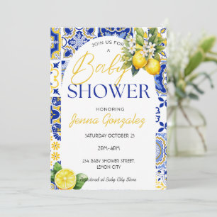 Lemon Mediterranean Italian Blue Tiles Baby Shower Invitation