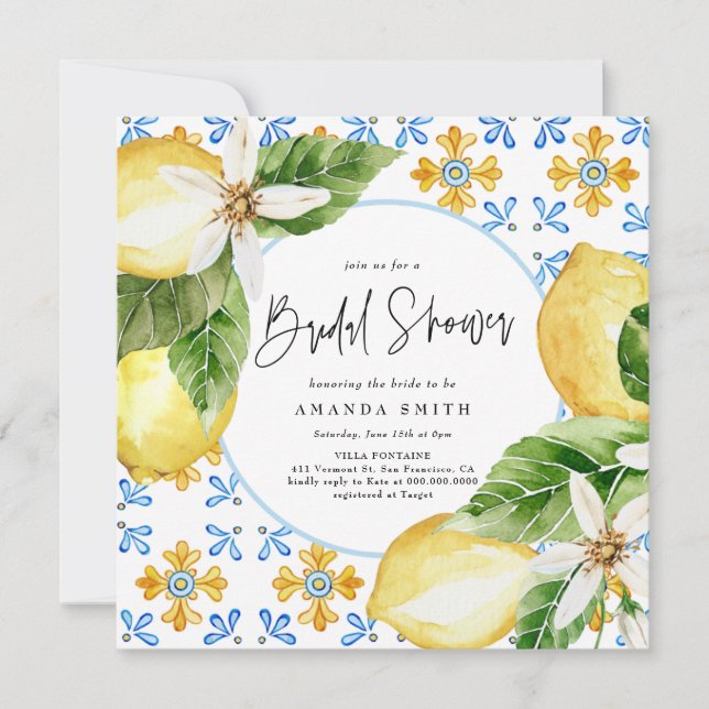 Lemon Mediterranean Italy Blue Tiles Bridal Shower Invitation (Front)