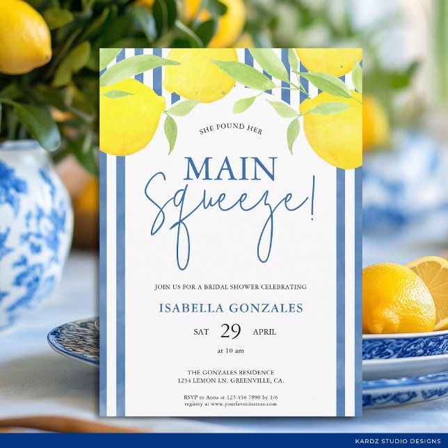 Lemon Mediterranean Main Squeeze Bridal Shower Invitation (The front back of the invitation is shown at a 5x7-inch. Choose size, paper, + corner style.)