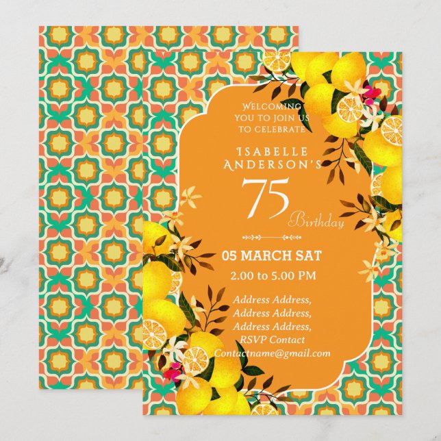 Lemon Mediterranean Orange 75th invitation (Front/Back)