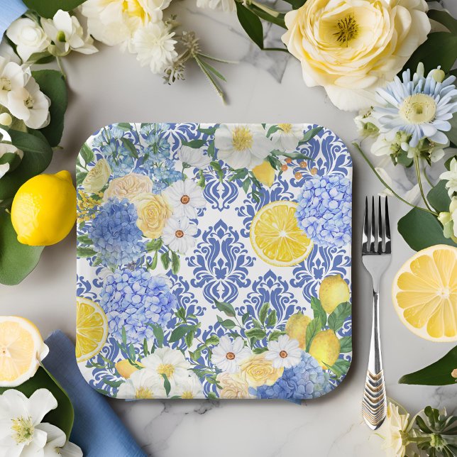 Lemon Mediterranean Tile Blue and Yellow floral Paper Plate (Creator Uploaded)