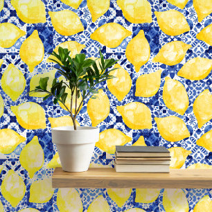 Lemon Mediterranean Tile Blue Yellow Watercolor Wallpaper