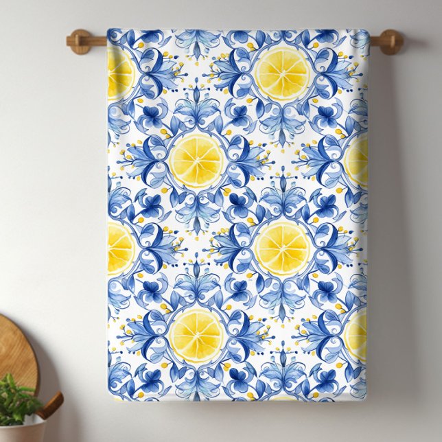 Lemon Mediterranean Tile  Tea Towel (Blue and yellow Mediterranean tile with lemon kitchen towels will brighten any kitchen.)