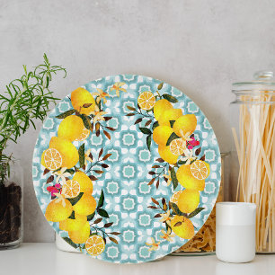 Lemon Mediterranean Tiles Blue Cutting Board