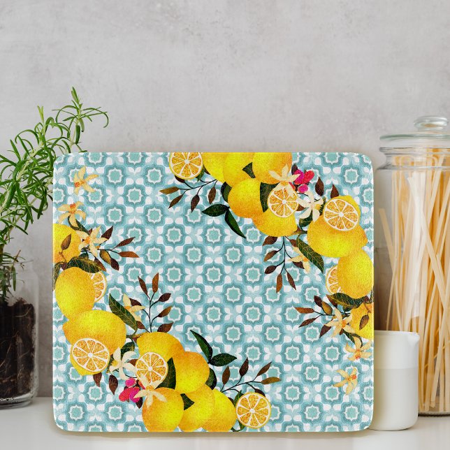 Lemon Mediterranean Tiles Blue Cutting Board (Lemon Mediterranean Tiles Blue Cutting Board)