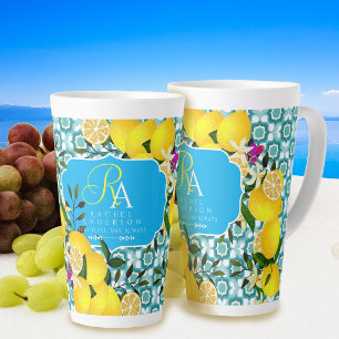 Lemon Mediterranean Tiles Blue Latte Mug