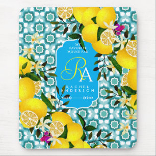 Lemon Mediterranean Tiles Blue Mouse Pad