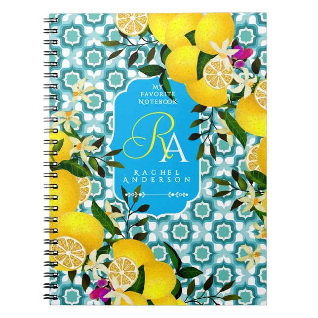 Lemon Mediterranean Tiles Blue Notebook (Front)