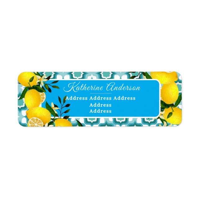 Lemon Mediterranean Tiles  Blue Return Address Label (Front)