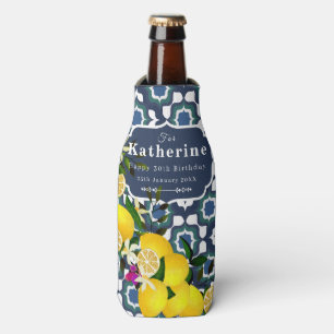 Lemon Mediterranean Tiles  Navy Blue White Bottle Cooler