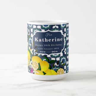 Lemon Mediterranean Tiles Navy Blue White Coffee Mug