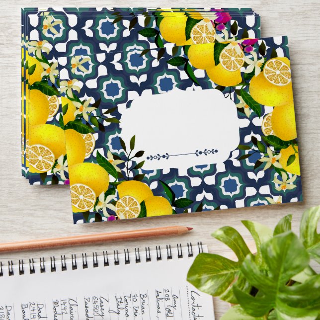 Lemon Mediterranean Tiles  Navy Blue White Envelope (Stacked)