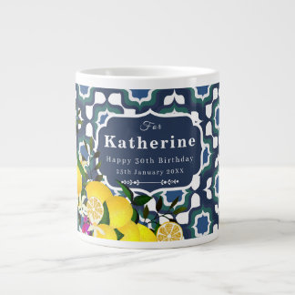 Lemon Mediterranean Tiles Navy Blue White Large Coffee Mug