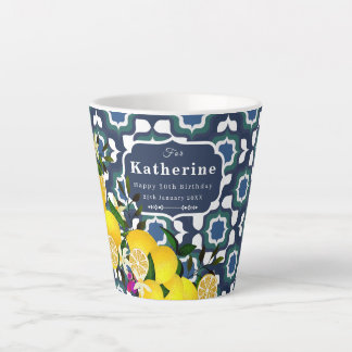 Lemon Mediterranean Tiles Navy Blue White Latte Mug