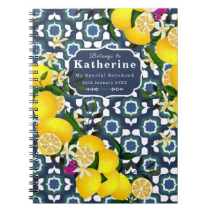 Lemon Mediterranean Tiles Navy Blue White Notebook