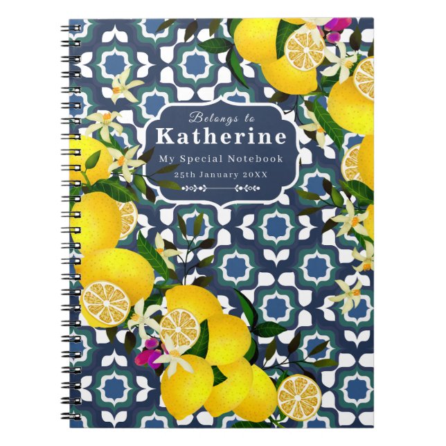 Lemon Mediterranean Tiles  Navy Blue White Notebook (Front)