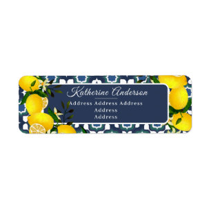 Lemon Mediterranean Tiles  Navy Blue White Return Address Label
