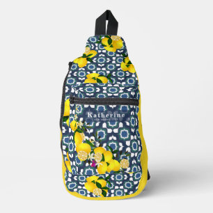 Lemon Mediterranean Tiles Navy Blue White Sling Bag