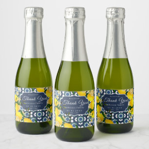 Lemon Mediterranean Tiles  Navy Blue White Sparkling Wine Label